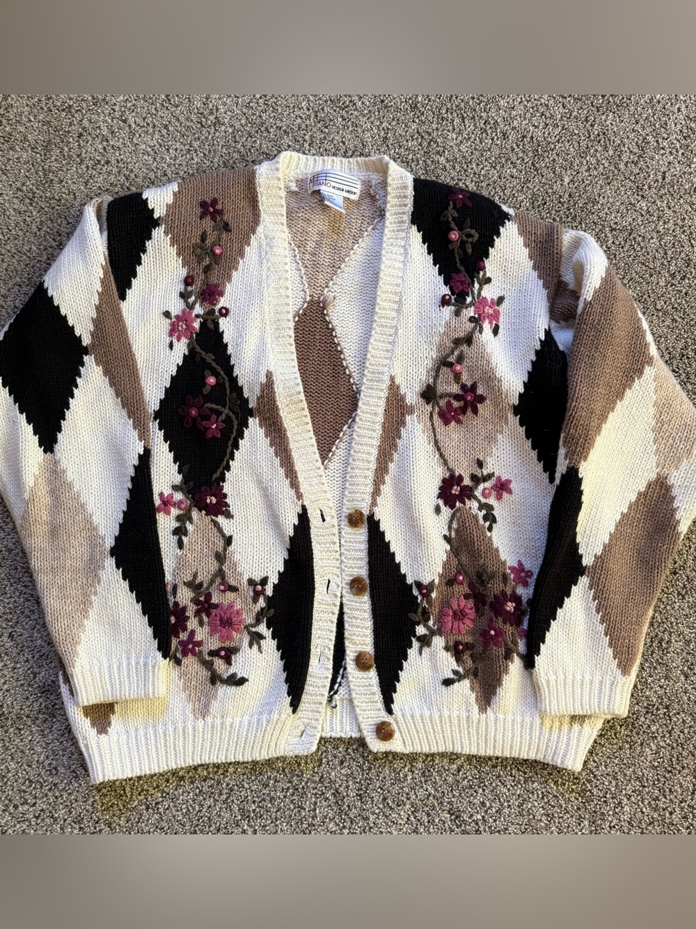 Embroidered Argyle Button-Front Sweater Cardigan - Florals